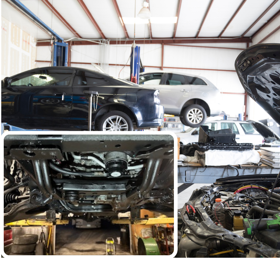 A car repair shop featuring a vehicle with its hood open, showcasing the mechanics at work inside the engine compartment